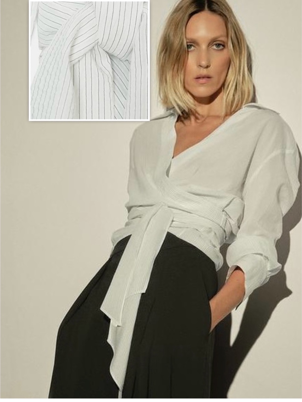 Zara Pin Stripe Wrap Shirt Adjustable Belt Tie Long Sleeves Button Cuffs Medium